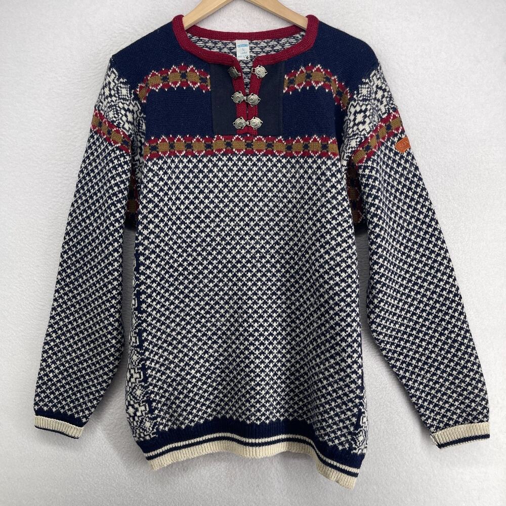 SONDRE Sweater Mens L Wool Nordic Fair Isle Metal Clasp Henley Pullover Blue VTG
